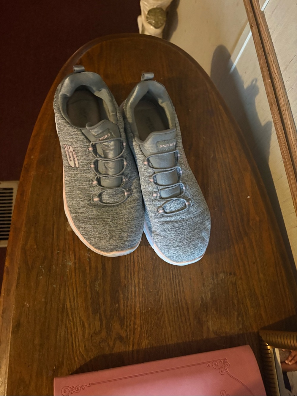 Skechers Light Gray Knit Slip-On Sneakers with Pink Accents
